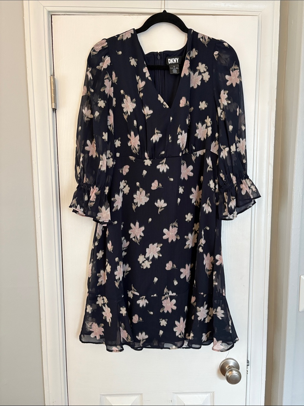 DKNY Navy Blue Pink Floral Chiffon Midi Dress Puff Sleeve Ruffle Size 14 / L-XL